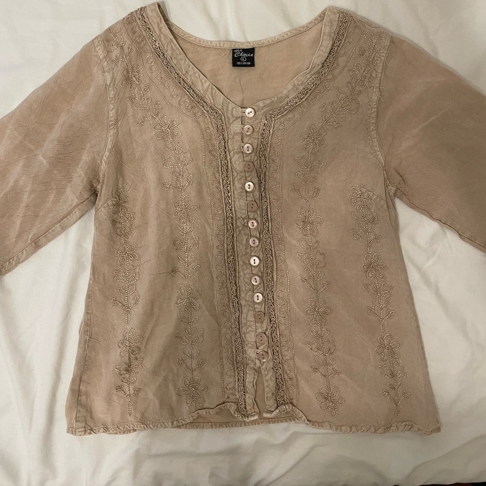 My Choice Tan Embroidered Blouse